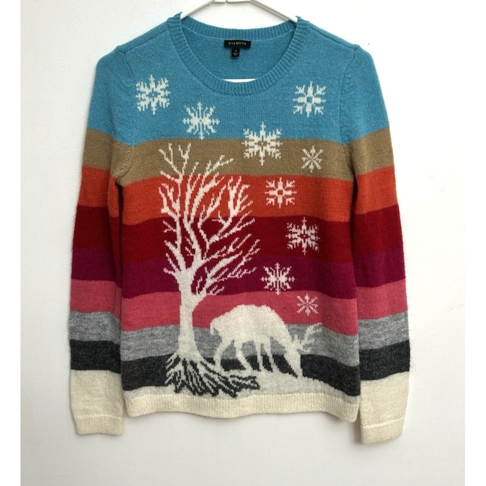 Talbots Sweater Nordic Deer Snowflake Lambswool Mohair Sz S Luxury Holiday